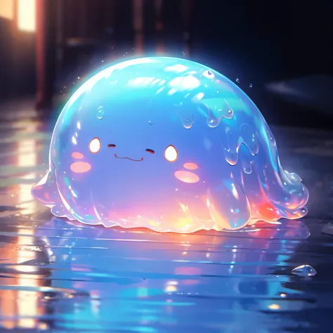 A shiny blue and red slime, cute face,vibrant and translucent texture, slime stretching and squishing, detailed, mesmerizing patterns and swirls, sparkling and reflecting light, satisfying to touch and play with, high-res masterpiece, vivid colors, illumin...