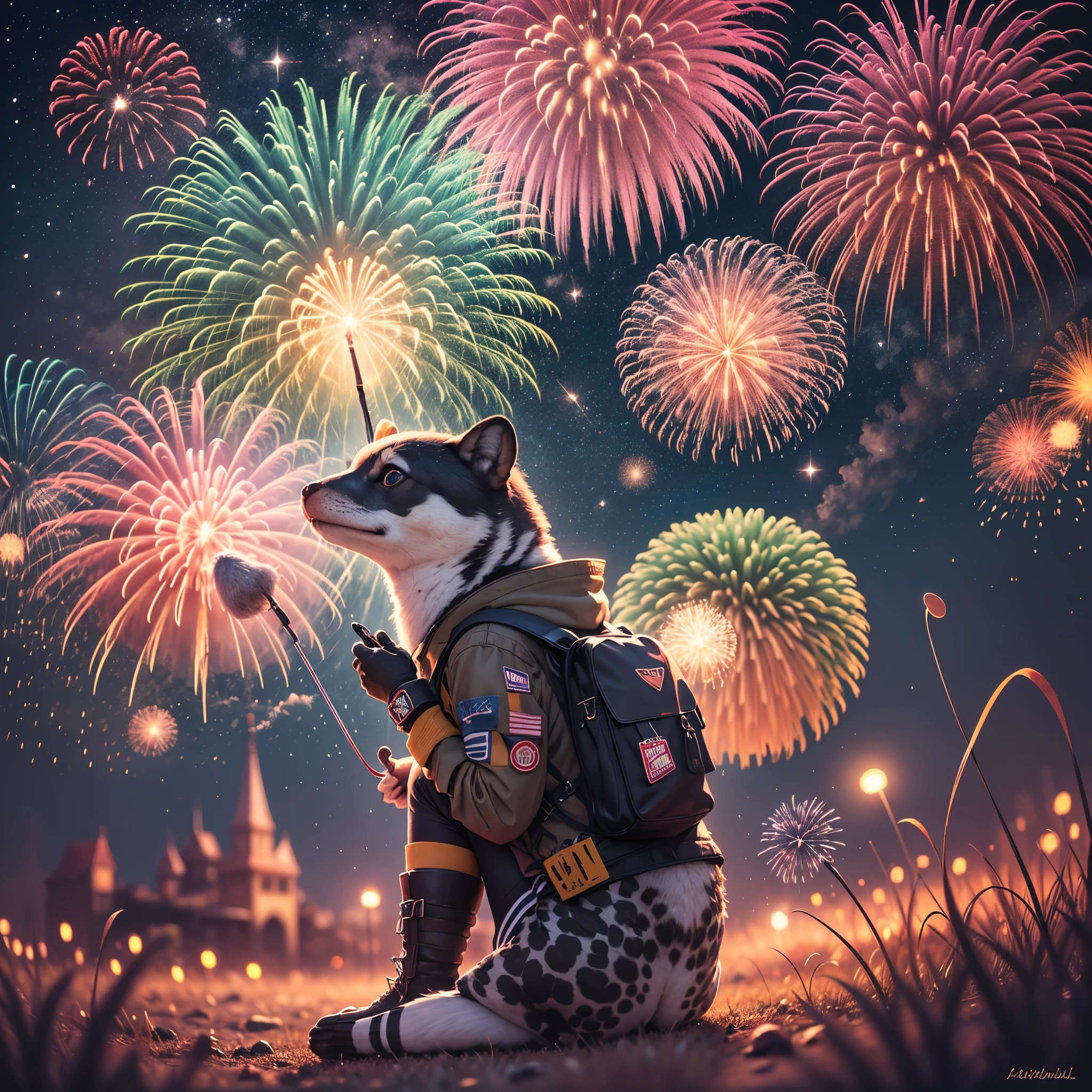 View on a night sky filled with colorful fireworks in frog perspective ...