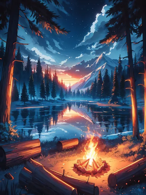 Draw an anime wide lofi scene of an campfire in the middle of forest, pine forest all around, alpine frozen lake with reflection...