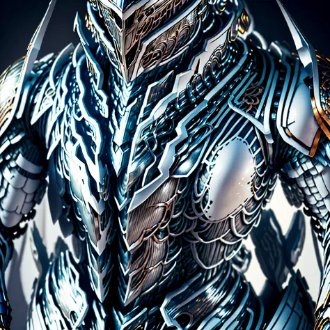 a close up of a silver and gold armor statue on a black background, intricate white and gold armor, ornate white and gold armour, heavy white and golden armor, futuristic armor, intricate cyborg armor, warrior platinum armor, stunning armor, white metal ar...