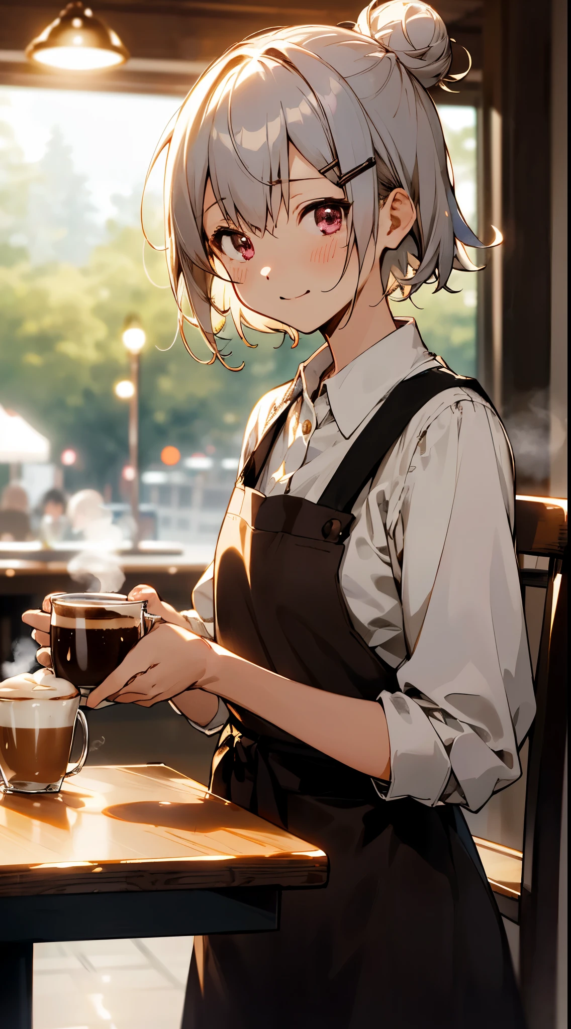 (masutepiece), Best Quality,  Girl working in a coffee shop, Coffee is being brewed with a coffee machine., Coffee , Perfect face, Expressive eyes, Brown Apron, Coffee shop from inside, Short hairstyle with silver hair and bob, Hair tied in a bun with a hair clip, Pink eyes, Cute  s、A slight smil、Laugh, Cozy, (Night), Realistic, 4K, Flowers in a vase,  Perfect Lighting, Traced light, Warm colors, Table chairs, Everyday life, modern, elegant, (relax vibe), White shirt, barista, soft,  humble,Delicate, Gentle, Night, Contrasty, Vivid colors, bokeh, (perfect coffee machine), state, (soft), She drinks coffee and takes a break, There is a table with a cup on the left hand, There is a coffee machine on the table, Steam is coming out of the cup, Delicious Coffee