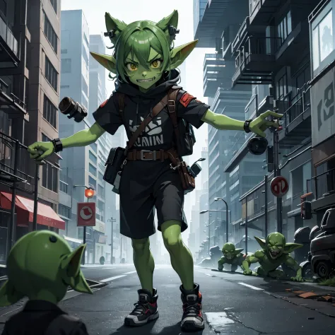 many goblins (goblin, green skin, pointy ears, sharp teeth, dressed in rags), invading a cyber punk city, smashing cars, attacki...