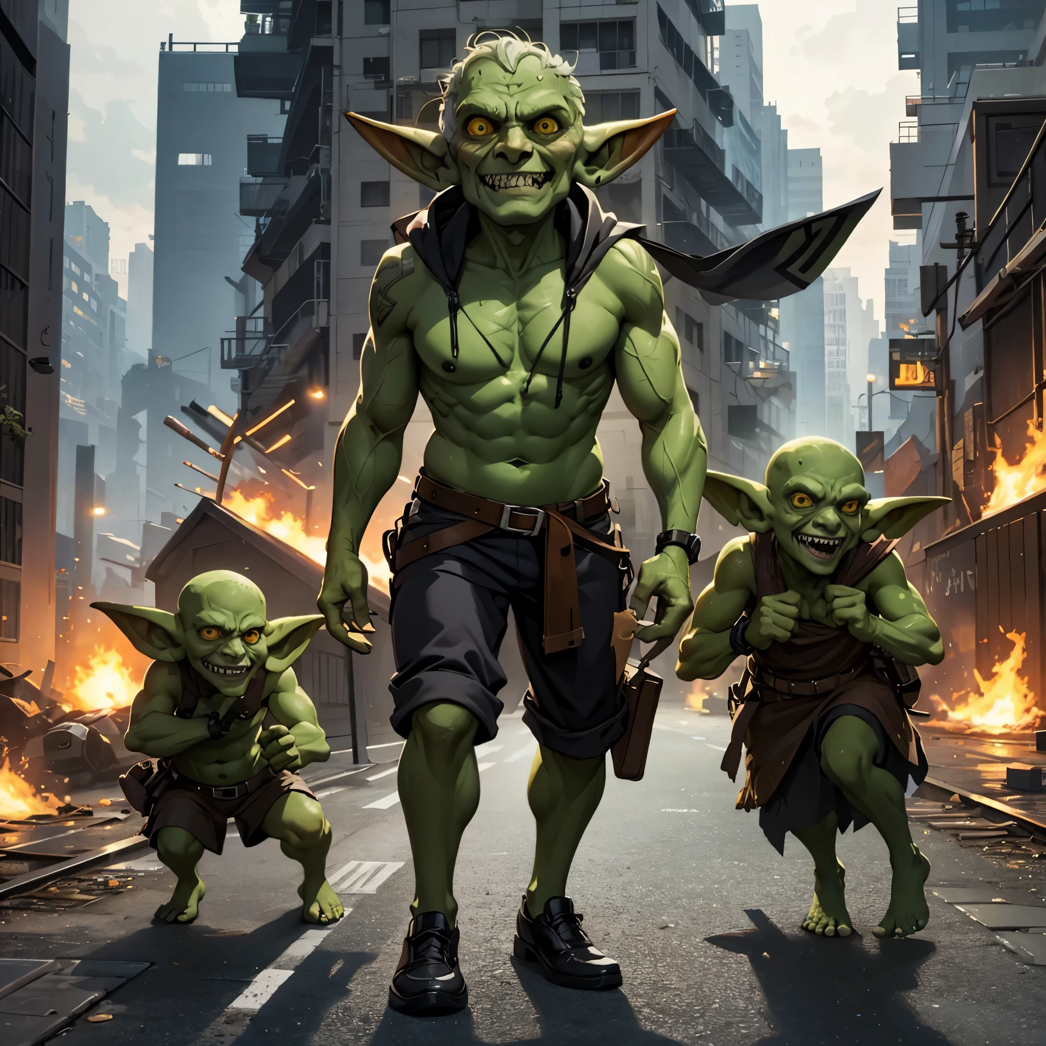 many goblins (goblin, green skin, pointy ears, sharp teeth, dressed in rags), invading a cyber punk city, smashing cars, attacking everything, breaking windows, running everywhere