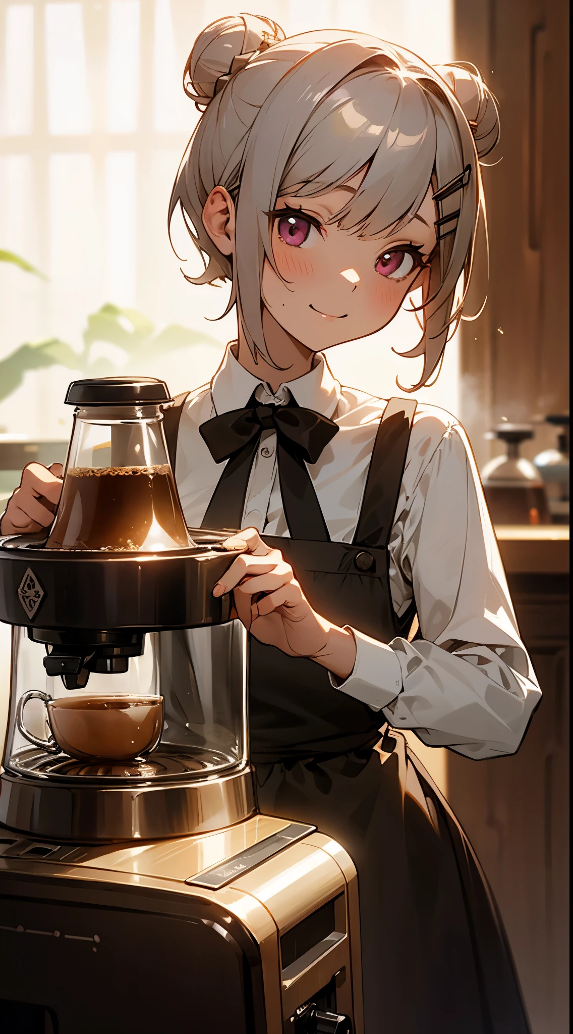 (masutepiece), Best Quality,  Girl working in a coffee shop, brewing coffee with a coffee machine, Perfect face, Expressive eyes, Brown Apron, coffee shop from inside, Short hairstyle with silver hair and bob, Hair tied in a bun with a hair clip, Pink eyes, Cute  s、A slight smil、Laugh, Cozy, (Night), Realistic, 4K, Flowers in a vase,  Perfect Lighting, Traced light, Warm colors, Table chairs, Everyday life, Modern, Elegant, (relax vibe), White shirt, barista, Soft,  humble,Delicate, Gentle, Night, Contrasty, Vivid colors, Bokeh, (The perfect coffee machine), state, (Soft), she drinks coffee and takes a break, There is a table with a cup on the left hand, There is a coffee machine on the table, Steam is coming out of the cup, Delicious coffee