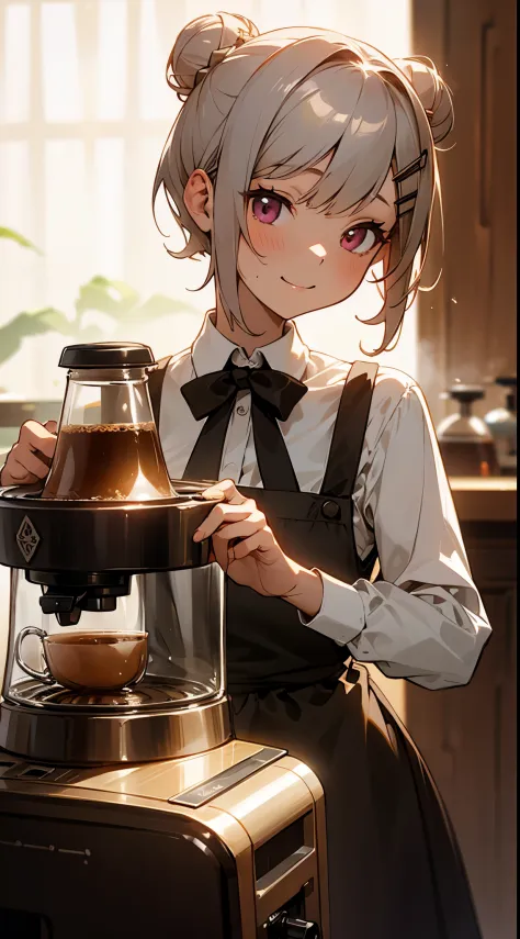 (masutepiece), Best Quality,  Girl working in a coffee shop, brewing coffee with a coffee machine, Perfect face, Expressive eyes...