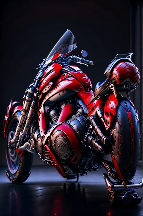 a close up of a red motorcycle parked on a black surface, akira motorcycle, akira's motorcycle, futuristic motorcycle, sazabi, daniel maidman octane rendering, futuristic suzuki, 3d render octane, 3 d render octane, motorcycle concept art, riding a futuris...