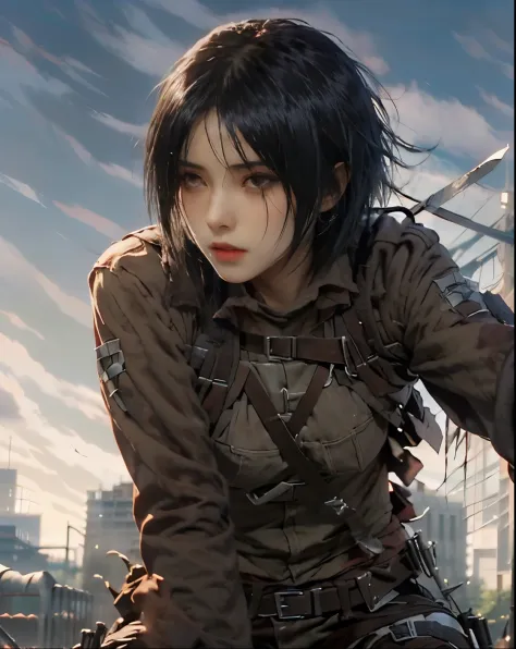 a close up of a person holding a sword in a field, mikasa ackerman, eren yeager, eren jaeger, attack on titans, shingeki no kyoj...