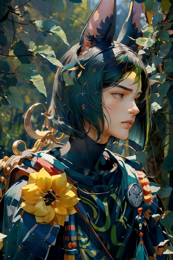 extremely delicate and beautiful, Amazing, finely detail, masterpiece, ultra-detailed, highres,best illustration, best shadow,intricate,sharp focus, high quality, 1 male solo, mature, handsome, tall muscular guy, broad shoulders, black hair with a green streak. big black animal ears, dark teal eyes, furry tail. tighnari genshin impact, gloves, black shirt, white shirt, surrounded by flowers (((portrait closup)))