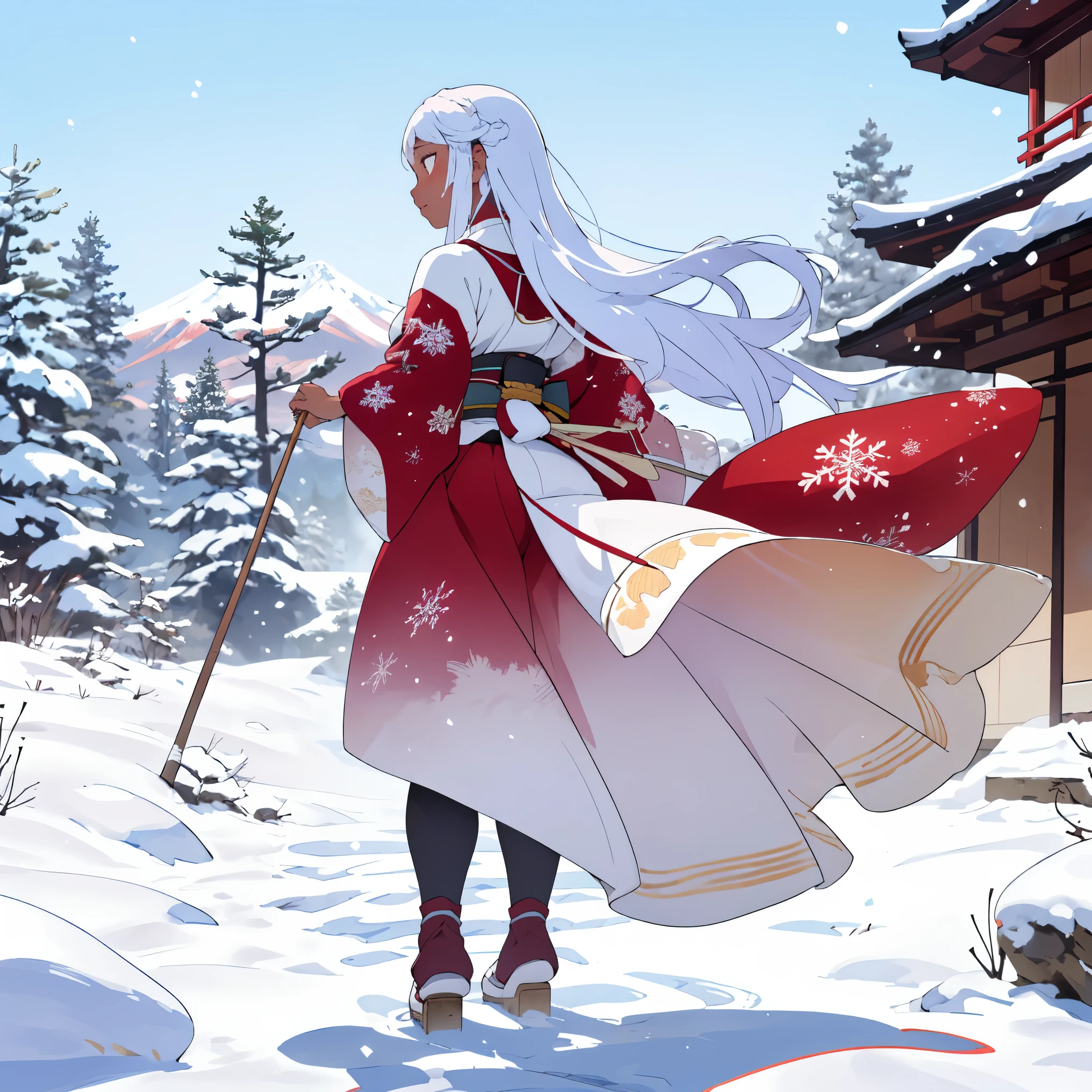 best quality,ultra-detailed,realistic,photography,shimmering armor,snow-covered trees,two women in traditional Edo period clothing,delicate embroidery,snowflakes glistening in the air,majestic mountains in the background,vibrant red and gold colors,soft natural lighting,dynamic poses,peaceful atmosphere,subtle hints of traditional Japanese architecture,ethereal beauty,detailed facial features,long flowing hair,graceful movements,serene expressions,mystical aura,cold winter breeze,soft footsteps on the snow-covered ground, exposed butt, beautiful butt, bewitching thighs, back view, dark skin, looking at viewer, sweaty anus, anus, fart, farting