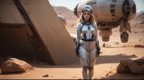 pechos enormes, A woman in a spacesuit wearing a spacesuit wearing a space cap standing next to a crashed sci-fi spaceship., Art...
