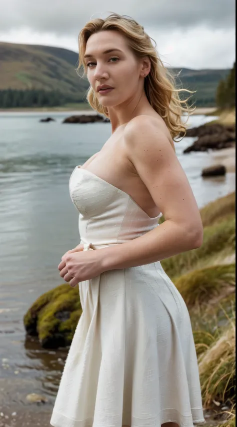 ( high quality Photograph of Kate winslet )  (random shit, full body photograph) (insanely detailed skin texture, hyper photorealistic texture, detailed features, depth of field) ,photo awarded ,  blonde hair blonde blown by wind emerald eyes strapless dre...