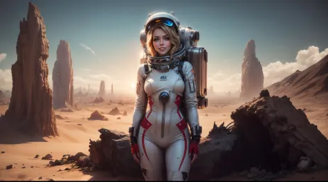Pechos enormes, A one woman in a spacesuit wearing a spacesuit wearing a space cap standing next to a crashed sci-fi spaceship.,...