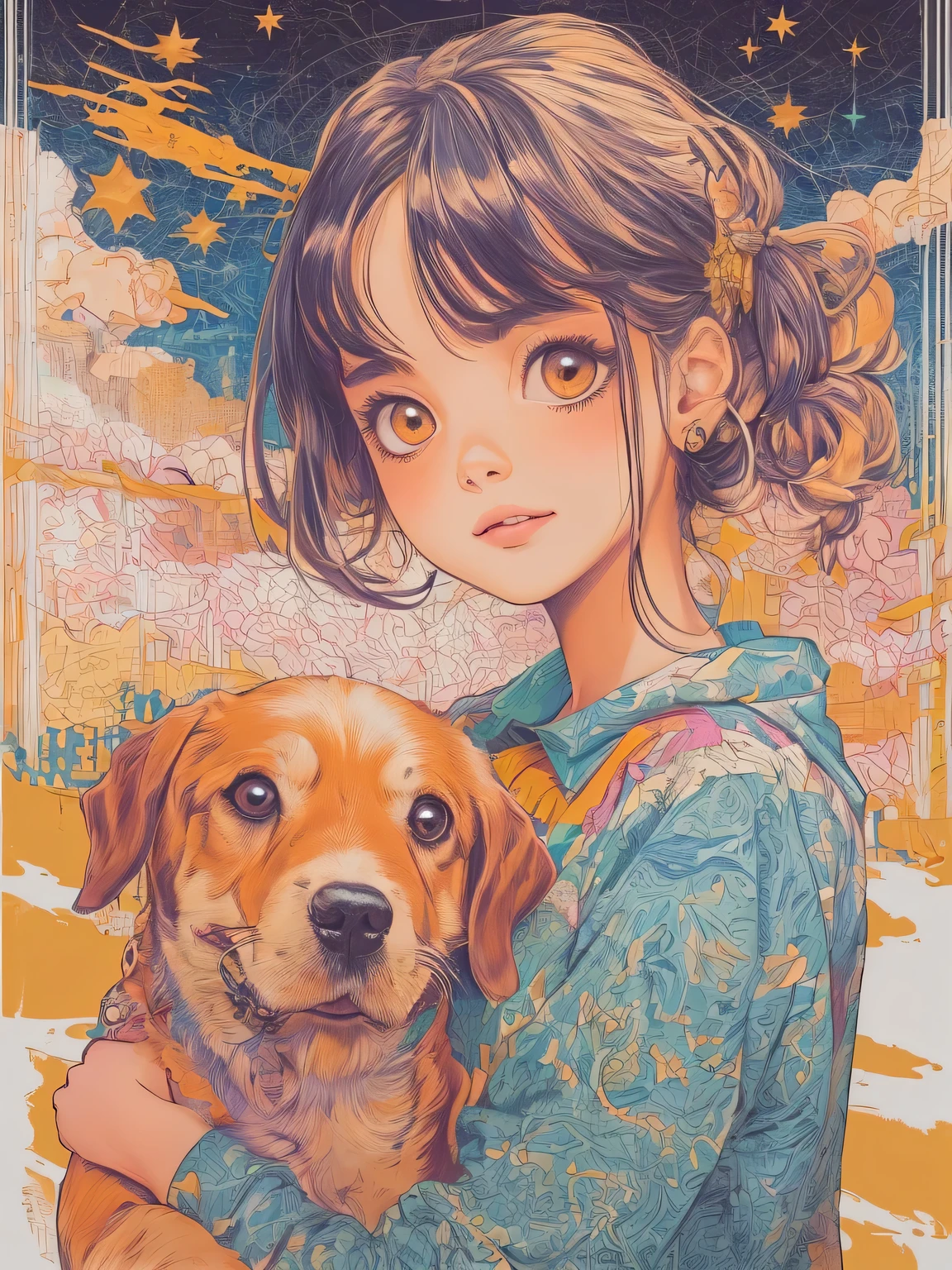 (masutepiece, Best Quality), girl playing with a beautiful dog、profile、Clean hair ornament,  enticing, big gorgeous eyes,　(Detailed eyes, Eyes Like Gems, Sparkling eyes:1.3) , Soft smile, perfect slim fit body, Orange sky, (plein air), Bright colors, (Risograph)