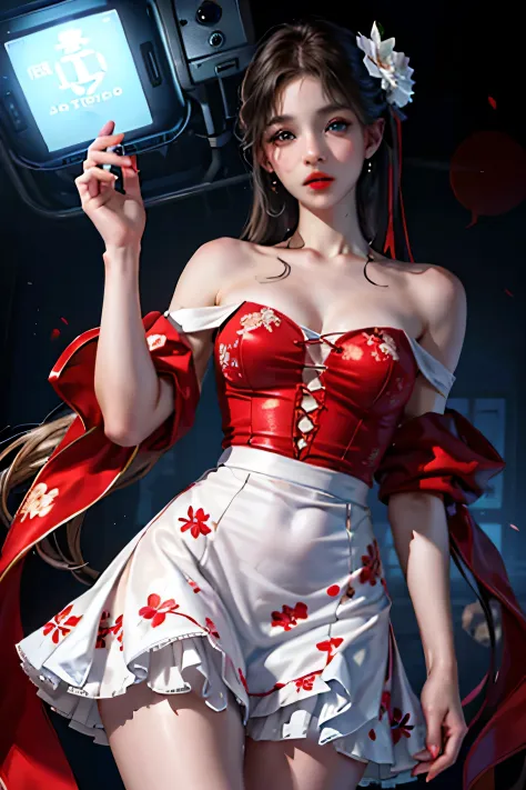 1girl in,top-quality、超A high resolution、(Photorealsitic:1.4)、blue eyess、Look at viewers、red blush、Off-shoulder white dress with ...