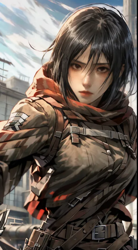 anime girl with a gun and a red scarf on, mikasa ackerman, attack on titan covert art, attack on titan anime style, from attack ...
