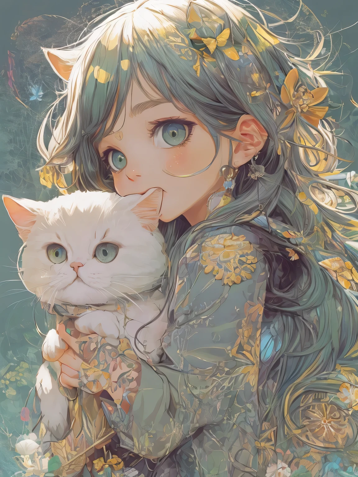 (masutepiece, Best Quality), girl playing with beautiful cat、profile、Clean hair ornament, enticing, big gorgeous eyes,　(Detailed eyes, Eyes Like Gems, Sparkling eyes:1.3) , Soft smile, perfect slim fit body, Green sky, (plein air), Bright colors, (Risograph)