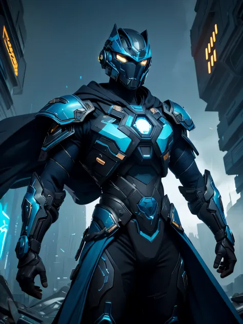In a (dystopian realm), a formidable male soldier in exo (Blue and black color) suit emerges clad in sleek and battle-worn armor, adorned with glowing circuitry. (Draped in a tattered blue cloak that billows in the wind), this enigmatic machine possesses a...