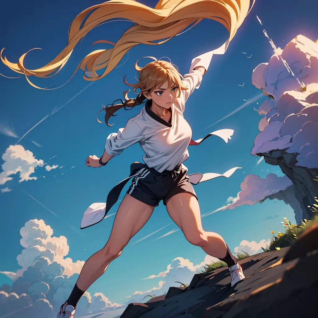 high quality, high resolution, anime style, earthy tones, top-down angle, full body, training stance, young woman, good lighting...