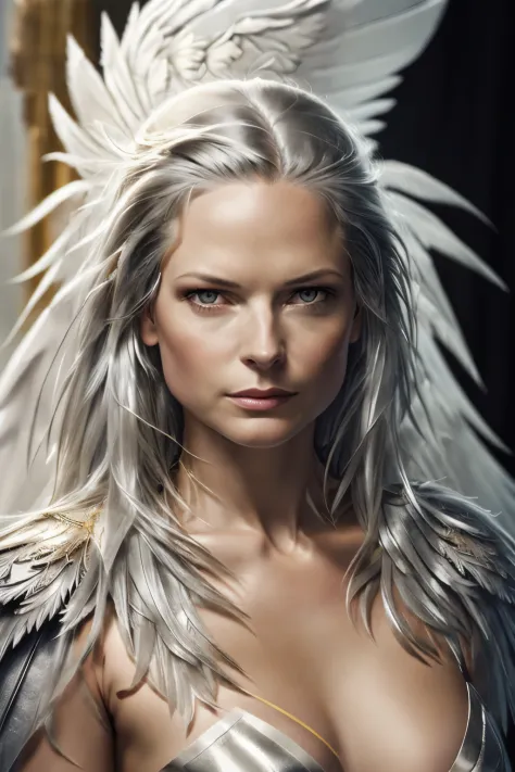 a silver haired angel with rebecca ferguson face, silver eyes, grey feathered angel wings, wearing revealing golden armor, slim,...
