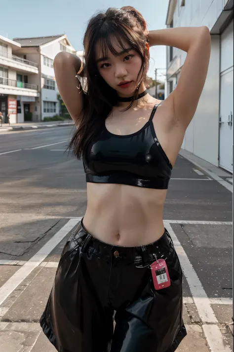 ultra‐realistic, a beautiful 19 year old Japanese actress is posing outdoor in street style, sexy pose with her left hand taking off her jacket, trying to show her beautiful armpit, seductive face, a black glossy leather bomber jacket, slim white sporty ca...