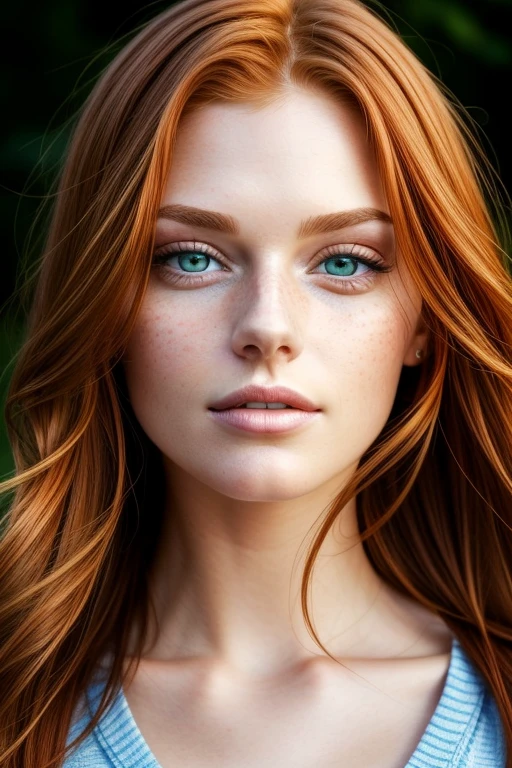 (close-up editorial photo of 20 yo woman, ginger hair, slim American sweetheart), (freckles:0.8), (lips parted), realistic green eyes, POV, realistic[:, (film grain, 25mm, f/1.2, dof, bokeh, beautiful symmetrical face, perfect sparkling eyes, well defined pupils, high contrast eyes, ultra detailed skin, skin pores, vellus hair, fabric stitching, fabric texture, wood grain, stone texture, finely detailed features:1):0.9]