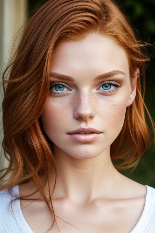 (close-up editorial photo of 20 yo woman, ginger hair, slim American sweetheart), (freckles:0.8), (lips parted), realistic green eyes, POV, realistic[:, (film grain, 25mm, f/1.2, dof, bokeh, beautiful symmetrical face, perfect sparkling eyes, well defined pupils, high contrast eyes, ultra detailed skin, skin pores, vellus hair, fabric stitching, fabric texture, wood grain, stone texture, finely detailed features:1):0.9]