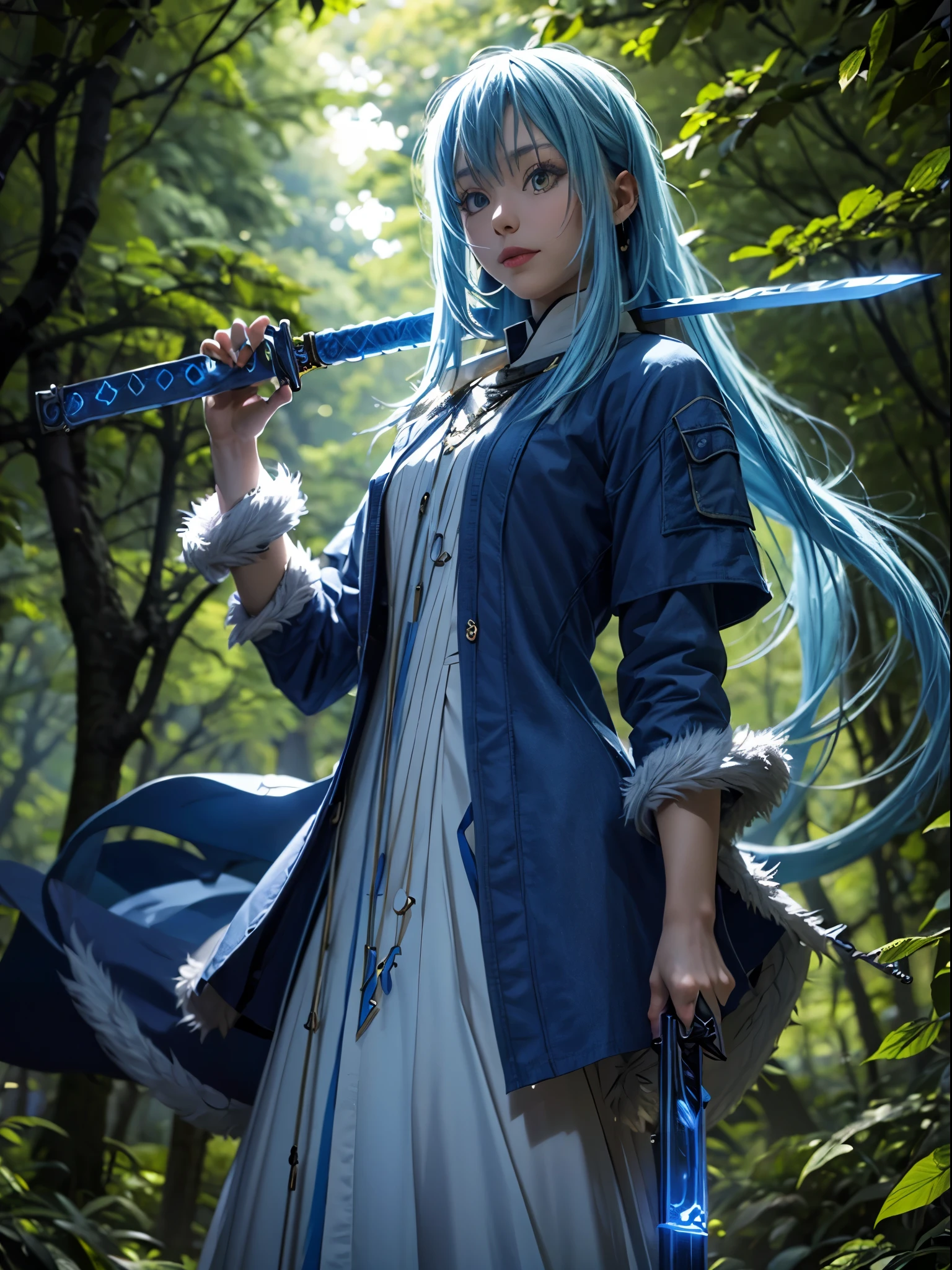 8K, best quality, best resolution, ultra detailed, cinematic lighting, realistic, bokeh, masterpiece, absurdress, beautiful, rimuru_tempest, blue hair, yellow eyes, long hair, weapon, sword, ((glowing sword)), forest, village