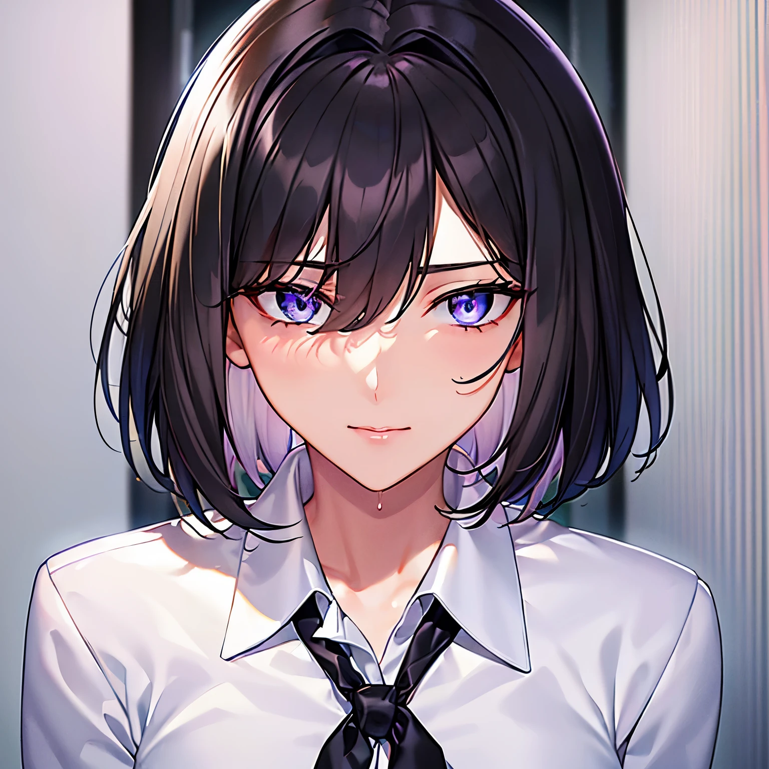 school uniform, black blazer, Tight shirt, animated, Only the upper body and head can be seen, best detailed girl, focus on face, view straight on, sweat, Perfect female body, woman, 20 years old, very short hair, eyes visible through hair, hair intakes, detailed black hair, beatiful detailed hair, handsome, insanity, cosmic eyes, Lavender eyes, white skin, beautiful hair ornaments, White clothes, whiteshirt, corrugated, finely detail, wallpaper, Very detailed CG unified 8k wallpaper, extremely detailedmasterpiece,