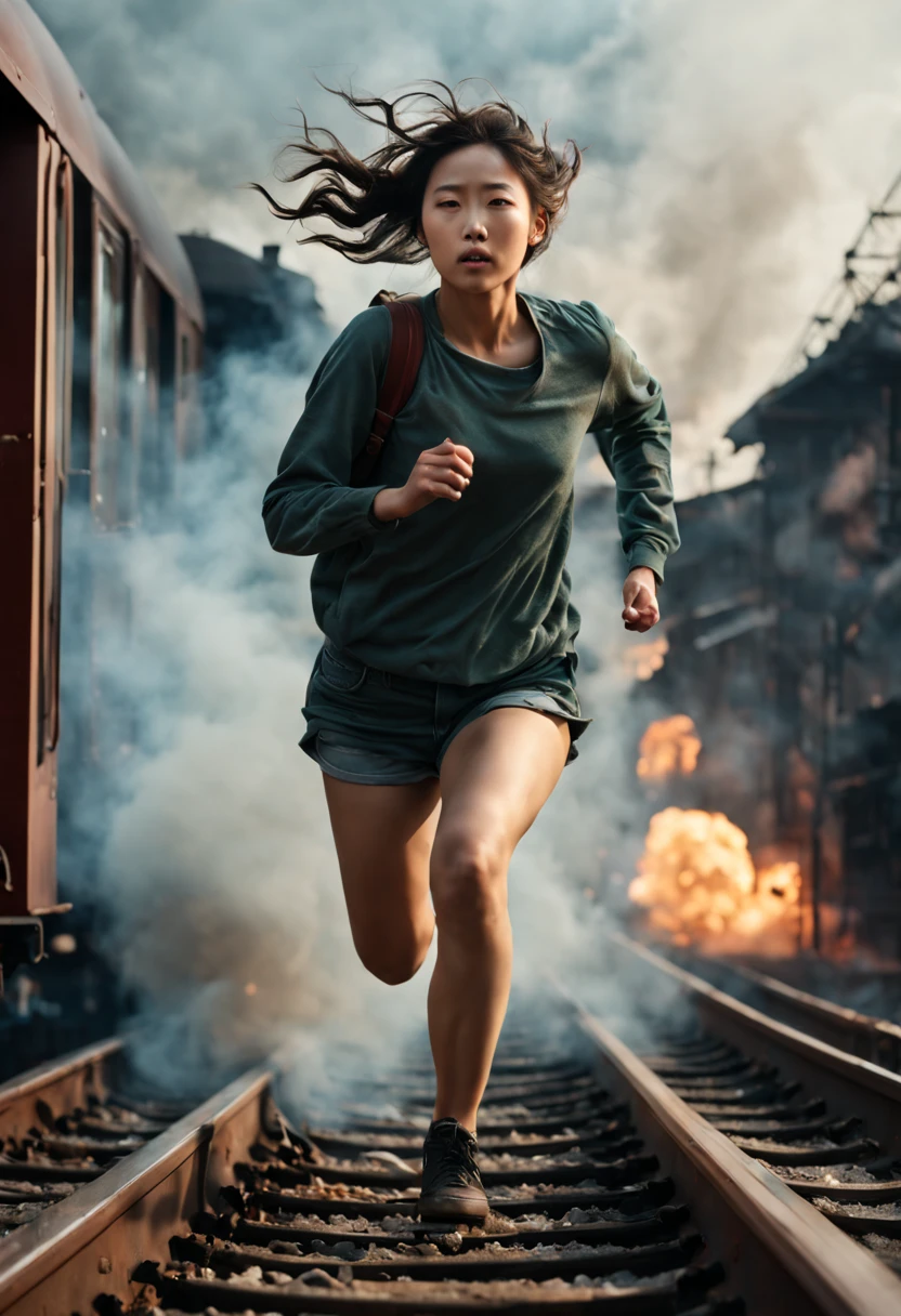 韓國白人女孩, 在火車頂上奔跑, 在火車頂上奔跑, 朝著一場大爆炸和火災, (最好的品質,4k,8K,高解析度,傑作:1.2),超詳細,(實際的,photo實際的,photo-實際的:1.37), 強烈的情緒, 鮮豔的色彩, 電影燈光, 空靈的氣氛, 動態構圖, 模糊的背景, sur實際的 scenery, 運動模糊, 明暗对比强烈, 超現實元素, 烟雾和蒸汽效果, 淺景深, 神秘迷人, 夢幻般的美學, 迷人的視覺敘事, 甘美的綠色植物, 震撼的視覺衝擊力, 強烈的電影體驗, 完美的手, 完美的手, 完美的手, 完美的手, 完美的臉, 完美的臉, 完美的臉, 完美的臉