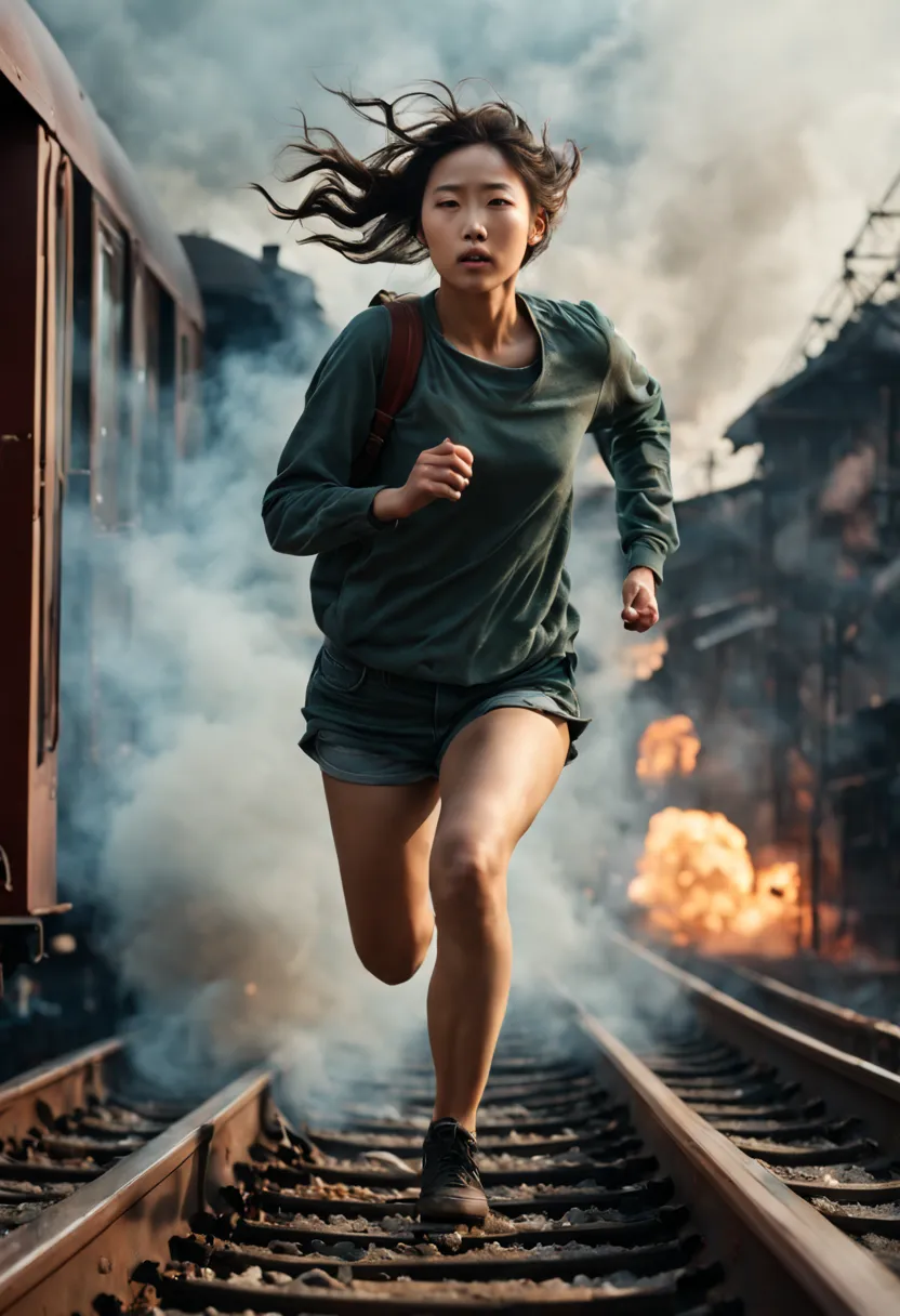 white korean girl, running on the top roof of a train, running on the top roof of a train, towards a big explotion and fires, (b...
