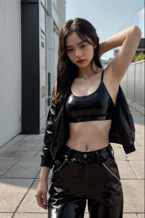 ultra‐realistic, a beautiful 19 year old Japanese actress is posing outdoor in street style, sexy pose with her left hand taking off her jacket, trying to show her beautiful armpit, seductive face, a black glossy leather bomber jacket, slim white sporty ca...