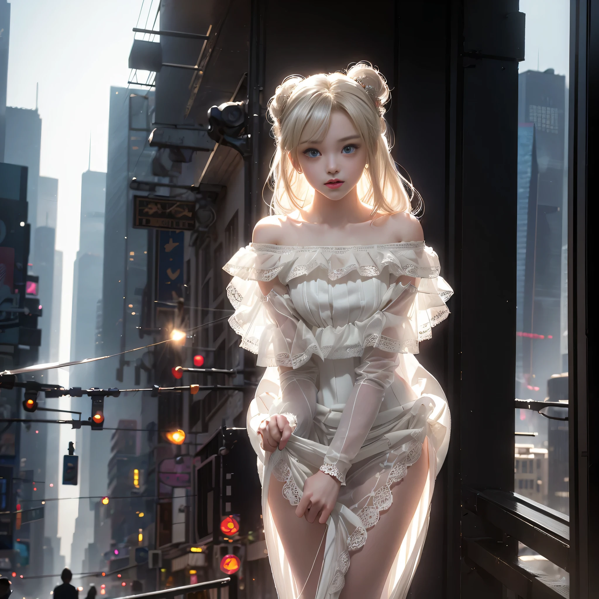 ((girl standing on the street in new york)),bright expression、Young shiny shiny white shiny skin、Best Look Rondo Reflective Light、Platinum blonde hair with dazzling highlights、shiny light hair,、Super long silky straight hair、Beautiful bangs that shine、Glowing crystal clear attractive big blue eyes、Very beautiful nice cute girl、（breasts of medium size,),Beautiful detailed eyes, beautiful detailed nose,(( Full Body Angle:1.5)),Makeup that the eyes emphasize、Royal style，Comic style, , Sub-surface scattering, ornate detail, nature backdrop, Supergianthugebreasts, ((Cinematic)), Dramatic Lighting, masutepiece、((Off-the-shoulder sheer white long dress:1.4))、((Skirt soaring in the wind)),(Floating skirt),(Holding the skirt with both hands), (high-heels）、(White lace panties are visible),1 girl in、Ultra realistic 8K CG, 絵のようにflawlessな顔, flawless, clean, masutepiece, Professional artwork, famousartwork, Perfect face, Beautiful face, beautiful lawless female body)), Solo,(Immersive atmosphere, Chiaroscuro:1.5,Bright light:1.2,Luminous lighting),(blush:0.5),fascinated expression,Extremely detailed_Eyes,thick thighs,Large,beautifullydetailedbackground,depth of fields,Realistic:1.3, （low angle di, ambient lights:1.3),(Cinematic composition:1.3(nffsw:0.1),((Hazy skyscrapers))