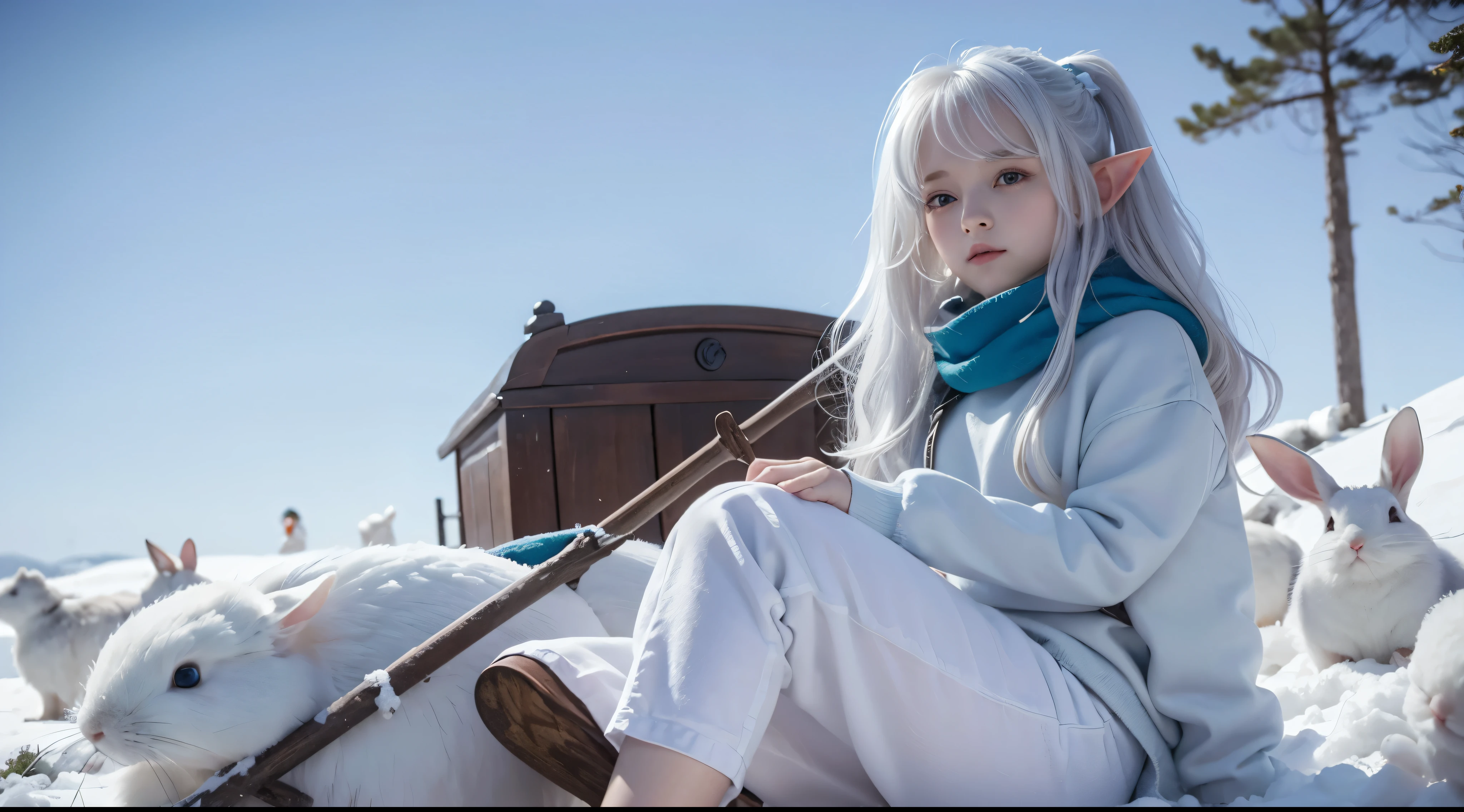 small girl (Frieren),Elf, sitting on snow, white hair, surrounding by rabbits