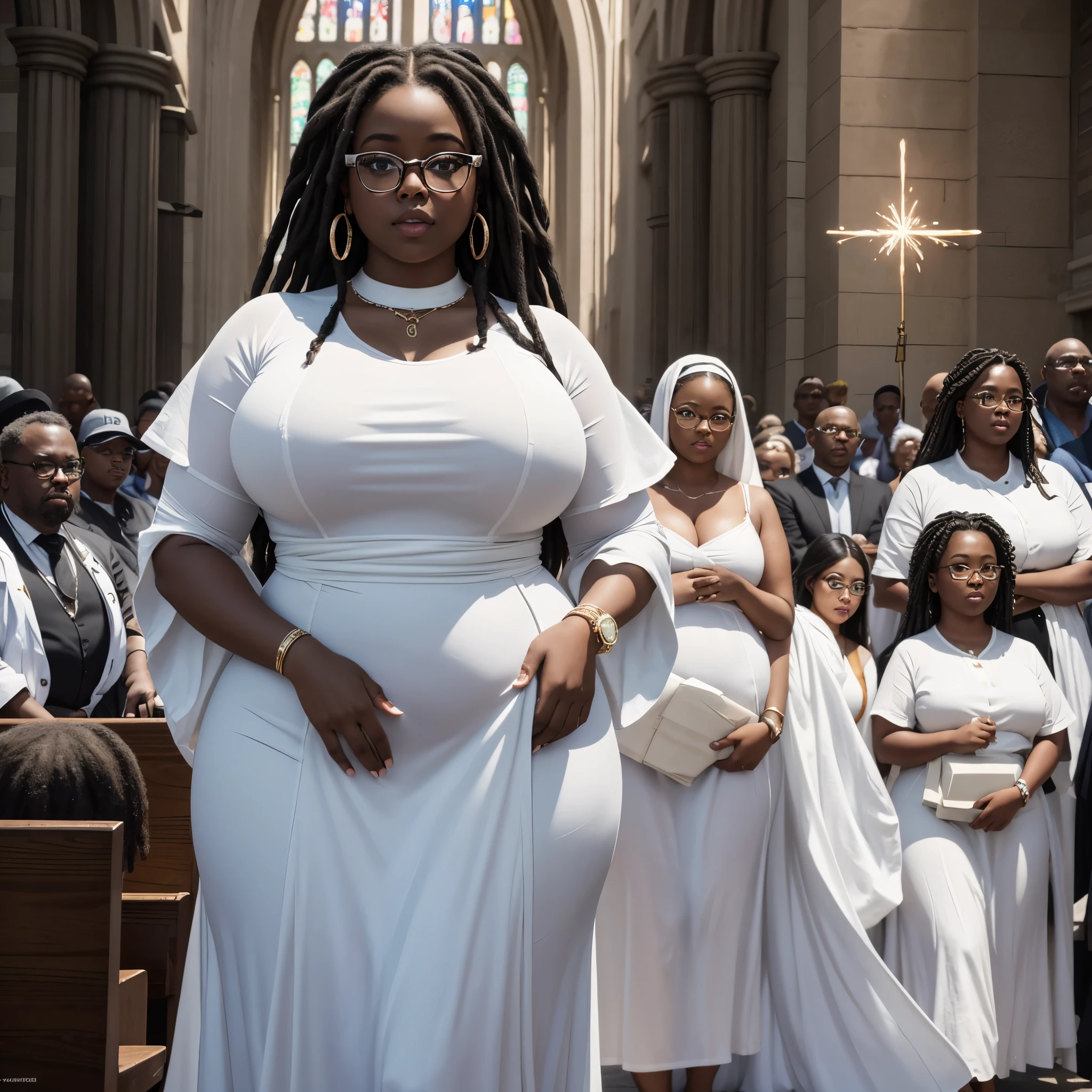 masterpiece, 8k, ultra high definition, unreal engine, ultra detailed, ultra high resolution, ultra focus, beautiful fat girl, black girl, round face, curvy body, dreadlocks, dark skin, glasses, wearing a white long white african dress, in front of church, 31st night, people in the background all wearing white, fireworks, detailed background
