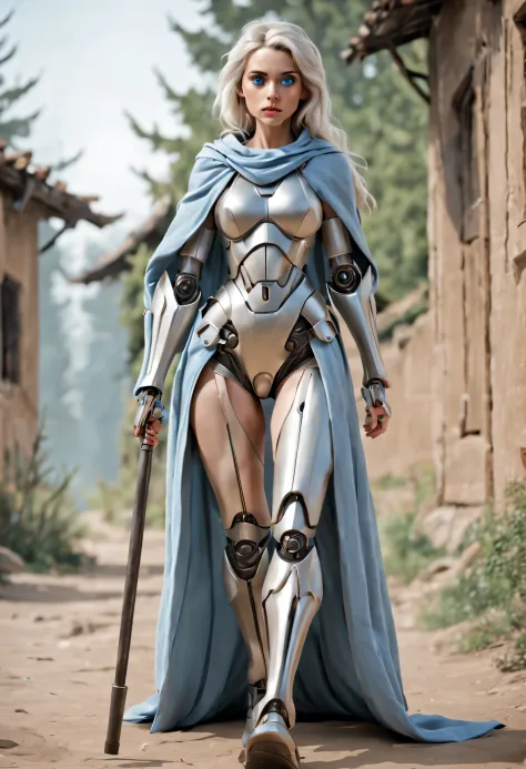 Humanized female image (similar to european women) is a young female robot warrior with a cane, Wearing a gray robe, eBlue eyes,...
