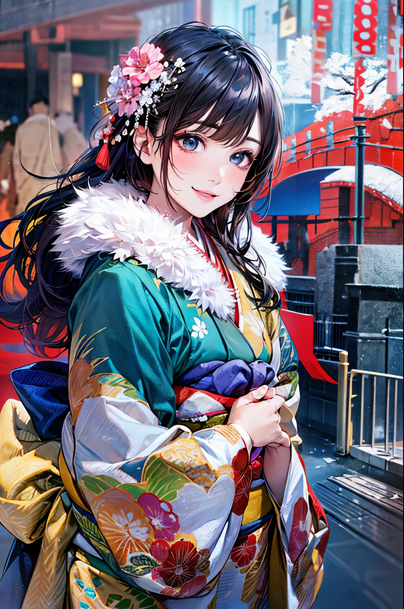 ((perfect anatomy, anatomically correct, super detailed skin)), 
1 girl, japanese, high school girl, shiny skin, large breasts:0.5, looking away, looking up, watching the view, from below, 
beautiful hair, beautiful face, beautiful detailed eyes, (middle hair:1.5, japanese hair:1.5), black hair, blue eyes, babyface, mole under eye, 
((red floral kimono, hair ornament)), 
((smile:1.5, open your mouth wide)), walking, 
(beautiful scenery), winter, dawn, (new year's day, first visit), hokkaido, sapporo, outside hokkaido shrine, crowd, snow, snowfall:1.5, freezing weather, frost, 
(8k, top-quality, masterpiece​:1.2, extremely detailed), (photorealistic), beautiful illustration, cinematic lighting,