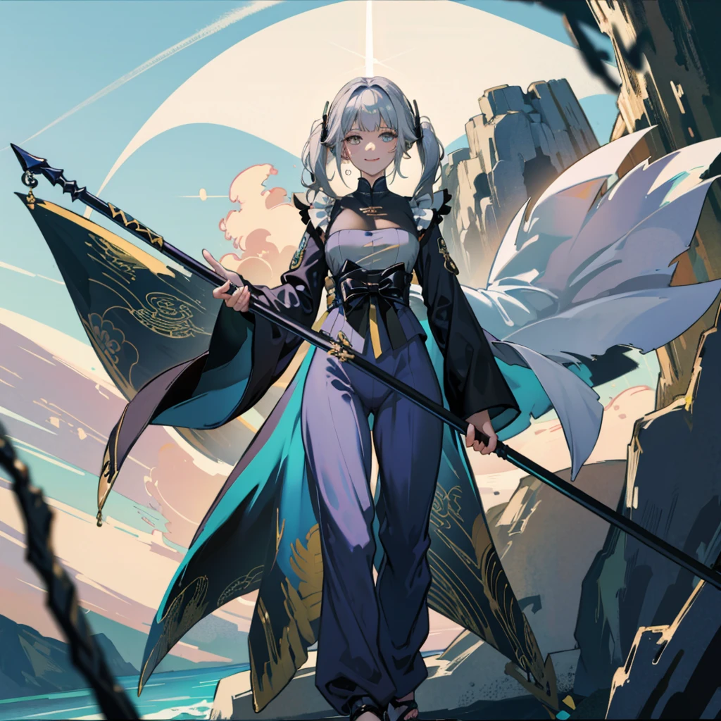 (absurderes、hight resolution、Ultra-detail)、​masterpiece、top-quality、Girl with a scythe、solo、miku hatsune、Twin-tailed、grey eyess、ear piercinginely eye and detailed face、((Joggers、sweat pant、sandal))、Sickle design、Complex scythe、Fantasy scythe、evil smile、Dramatic skies、Isolated land、looking-down、spark of light、whirlpool、Um ser celestial、Full of elements