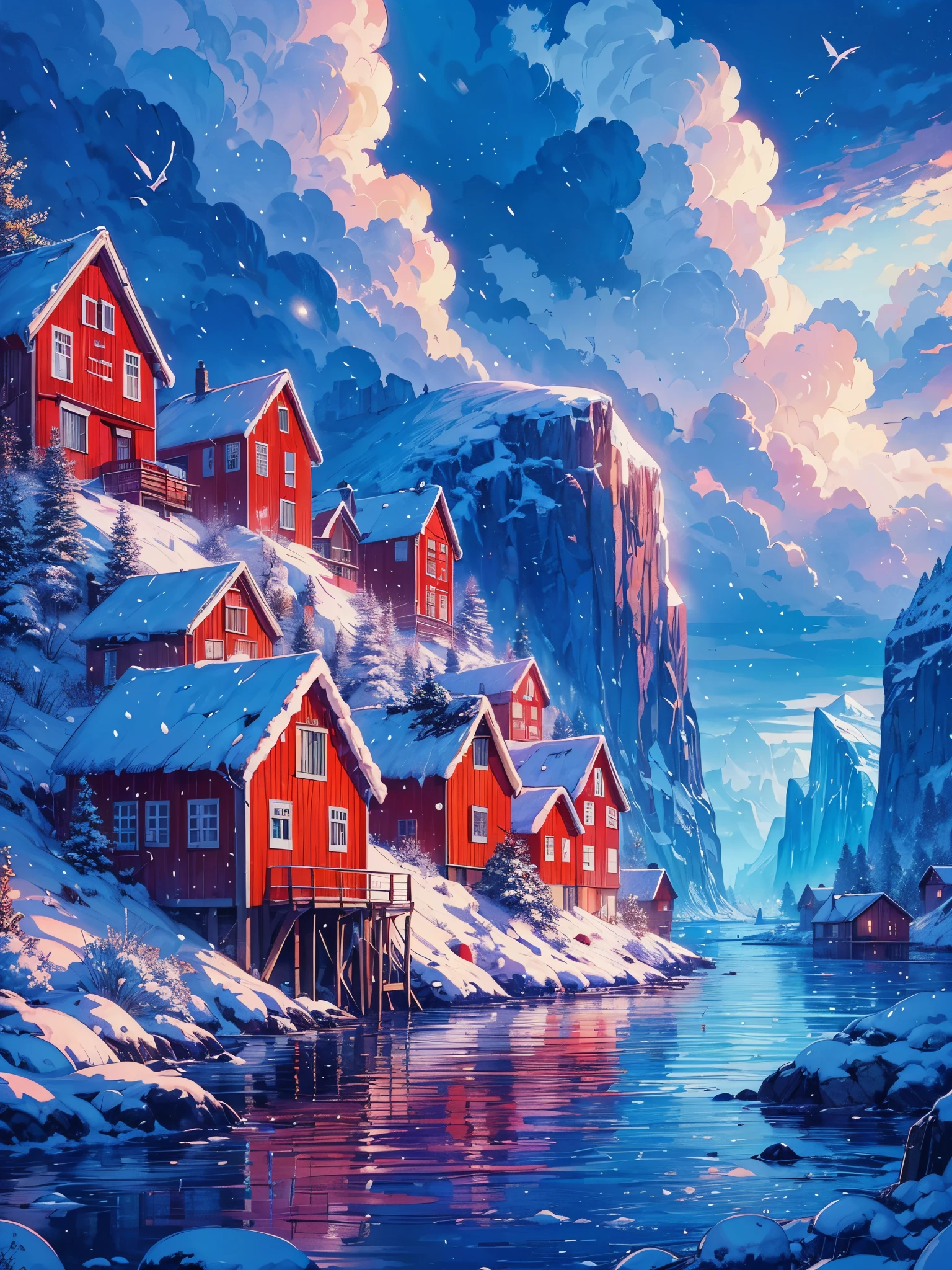 Draw an digital anime art of wide lofi scene of red houses in norway island near lake with iceberg, snowfall, evening time, blue hour, beautiful cloudy sky, vibrant color tones, masterpiece, peaceful scene