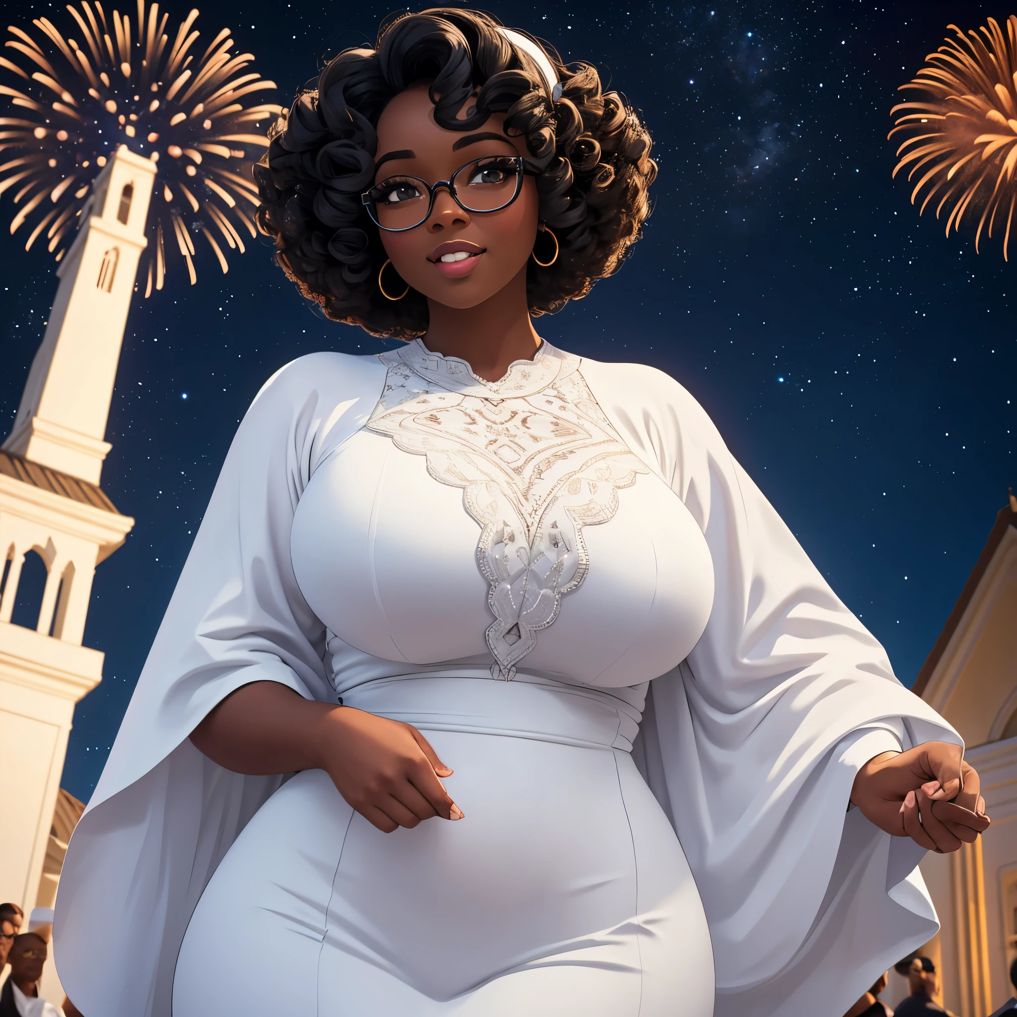 8k, ultra high definition, unreal engine, ultra detailed, ultra high resolution, ultra focus, beautiful voluptuous girl, black girl, round face, curvy body, short curly hair, dark skin, glasses, wearing a white long white african dress, in front of church, 31st night, people in the background all wearing white, night sky, fireworks, detailed background, joyous occasion, new year celebration,