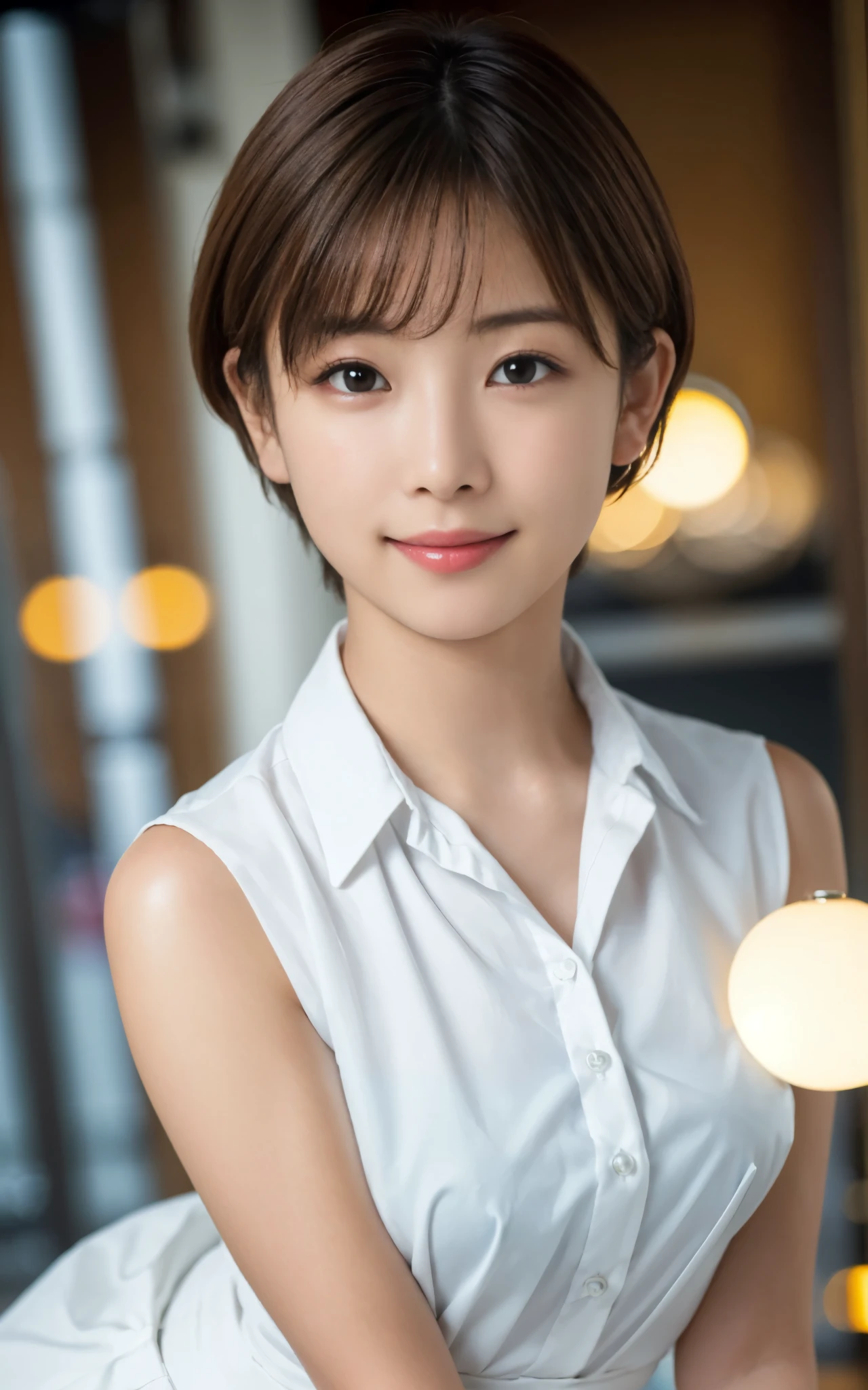 ((best quality, photorealistic, 8k, high res)), 1girl, (skindentation), (professional lighting), (close up:1), (short hair:1), ((looking at viewer:1.5)), perfect proportion, (bokeh), calves plump and muscular, Bending figure, Very detailed skin texture, ((wearing white collared)), standing Pose, (smile:1),background simple grey