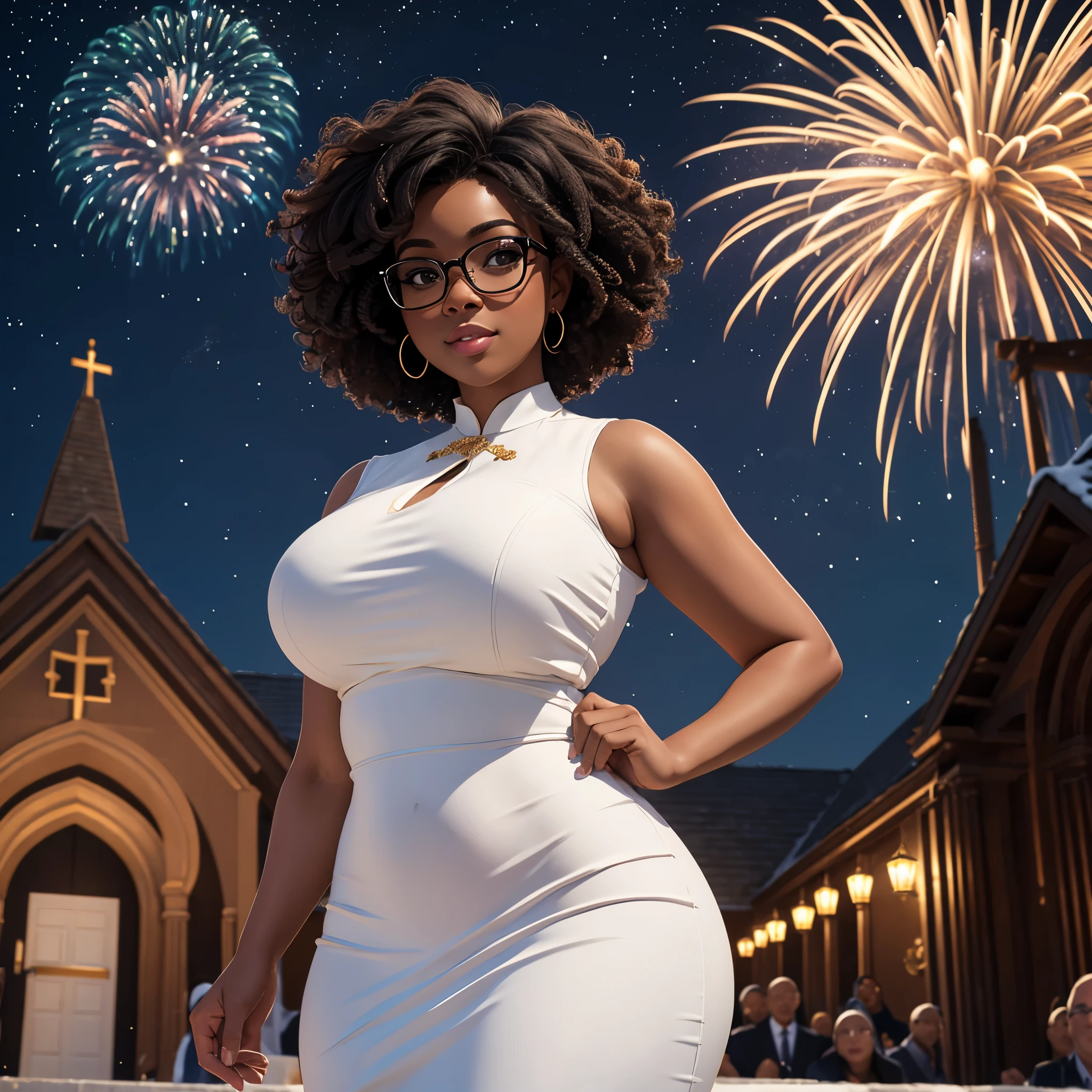 8k, ultra high definition, unreal engine, ultra detailed, ultra high resolution, ultra focus, beautiful voluptuous girl, black girl, round face, curvy body, short curly hair, dark skin, glasses, wearing a white long white african dress, in front of church, 31st night, people in the background all wearing white, night sky, fireworks, detailed background, joyous occasion, new year celebration,