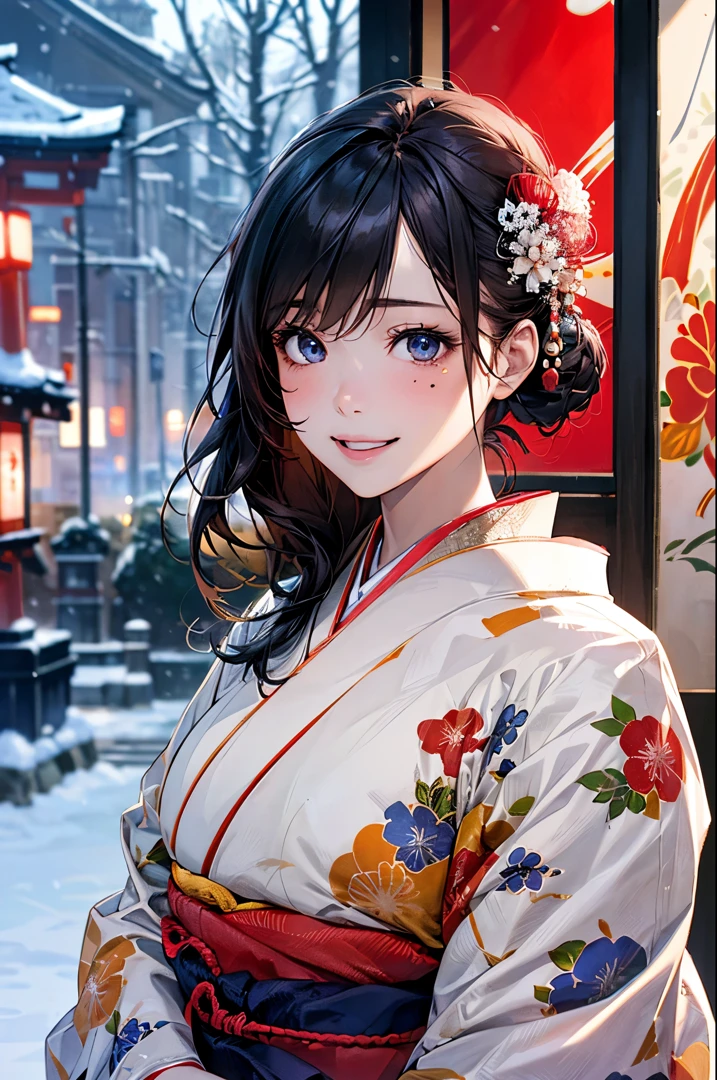 ((perfect anatomy, anatomically correct, super detailed skin)), 
1 girl, japanese, high school girl, shiny skin, large breasts:0.5, looking away, looking up, watching the view, from below, 
beautiful hair, beautiful face, beautiful detailed eyes, (middle hair:1.5, japanese hair:1.5), black hair, blue eyes, babyface, mole under eye, 
((red floral kimono, hair ornament)), 
((smile:1.5, open your mouth wide)), walking, 
(beautiful scenery), winter, dawn, (new year's day, first visit), hokkaido, sapporo, outside hokkaido shrine, crowd, snow, snowfall:1.5, freezing weather, frost, 
(8k, top-quality, masterpiece​:1.2, extremely detailed), (photorealistic), beautiful illustration, cinematic lighting,