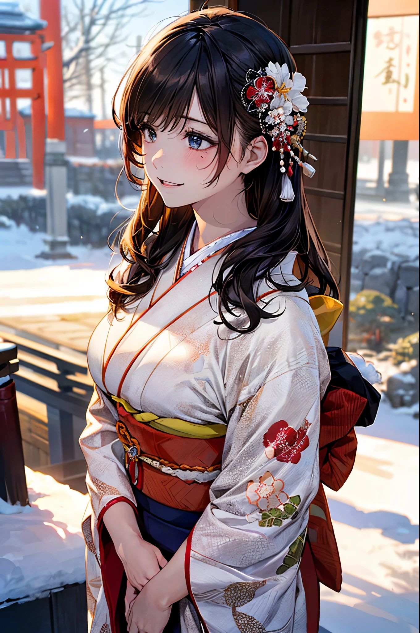 ((perfect anatomy, anatomically correct, super detailed skin)), 
1 girl, japanese, high school girl, shiny skin, large breasts:0.5, looking away, looking up, watching the view, from below, 
beautiful hair, beautiful face, beautiful detailed eyes, (middle hair:1.5, japanese hair:1.5), black hair, blue eyes, babyface, mole under eye, 
((red floral kimono, hair ornament)), 
((smile:1.5, open your mouth wide)), walking, 
(beautiful scenery), winter, dawn, (new year's day, first visit), hokkaido, sapporo, outside hokkaido shrine, crowd, snow, snowfall:1.5, freezing weather, frost, 
(8k, top-quality, masterpiece​:1.2, extremely detailed), (photorealistic), beautiful illustration, natural lighting,
