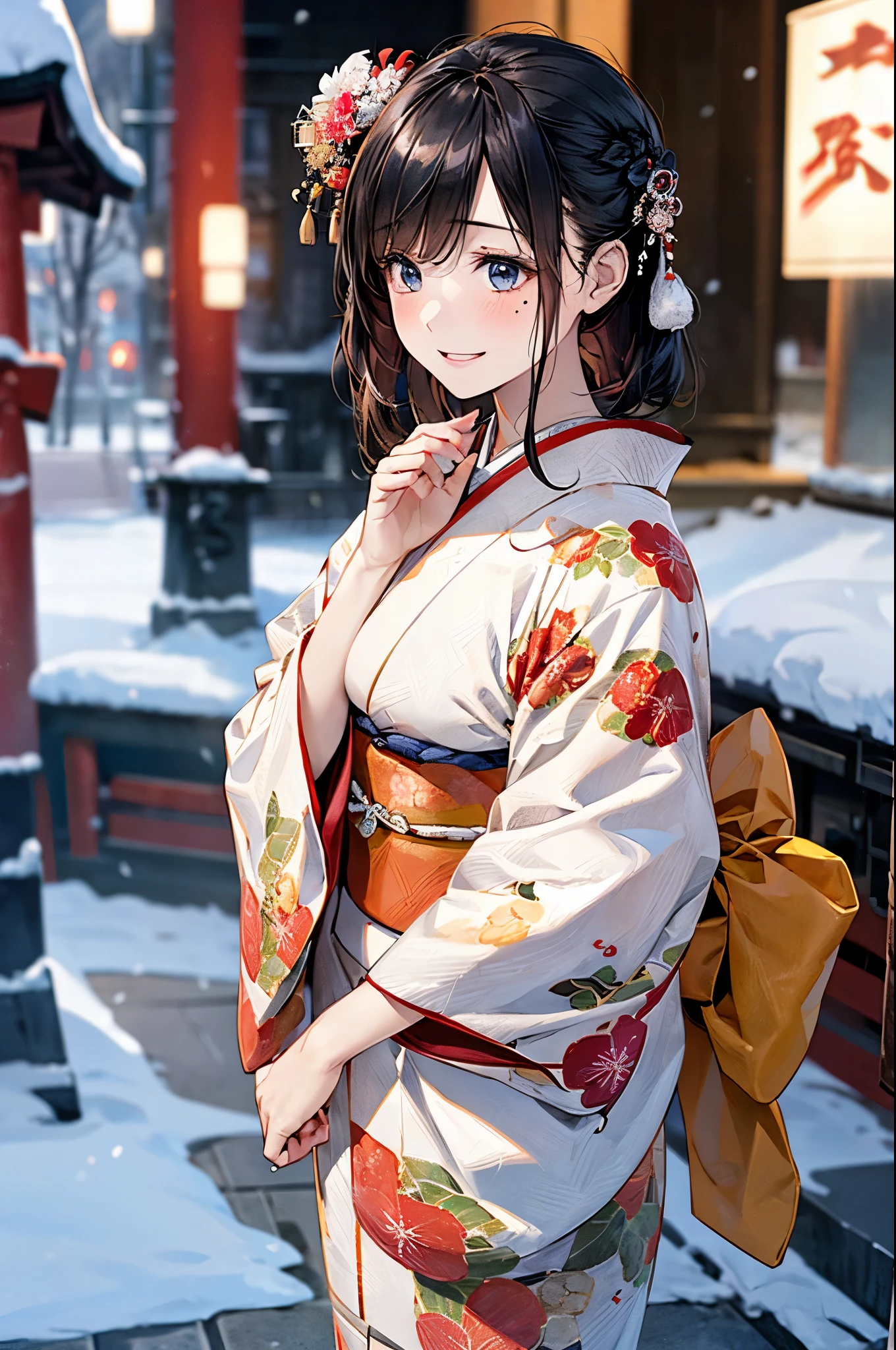 ((perfect anatomy, anatomically correct, super detailed skin)), 
1 girl, japanese, high school girl, shiny skin, large breasts:0.5, looking away, looking up, watching the view, from below, 
beautiful hair, beautiful face, beautiful detailed eyes, (middle hair:1.5, japanese hair:1.5), black hair, blue eyes, babyface, mole under eye, 
((red floral kimono, hair ornament)), 
((smile:1.5, open your mouth wide)), walking, 
(beautiful scenery), winter, dawn, (new year's day, first visit), hokkaido, sapporo, outside hokkaido shrine, crowd, snow, snowfall:1.5, freezing weather, frost, 
(8k, top-quality, masterpiece​:1.2, extremely detailed), (photorealistic), beautiful illustration, natural lighting,