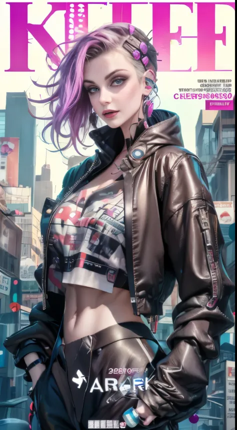 Magazine cover of Cyberpunk girl, fashion magazine, text, cybernetic implants, NSFW