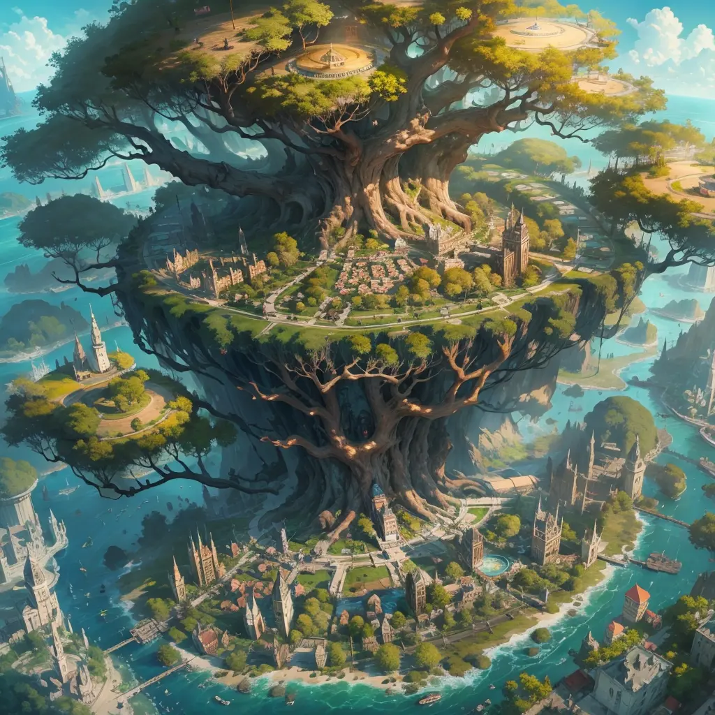 The farthest aerial view, an island in the sea, There is a huge spiritual tree on the island that is as huge as the world, This ...