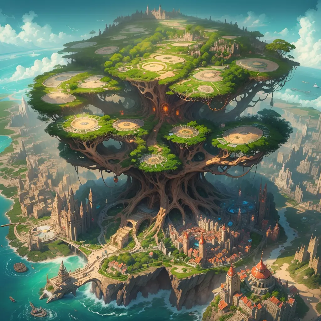 The farthest aerial view, an island in the sea, There is a huge spiritual tree on the island that is as huge as the world, This ...