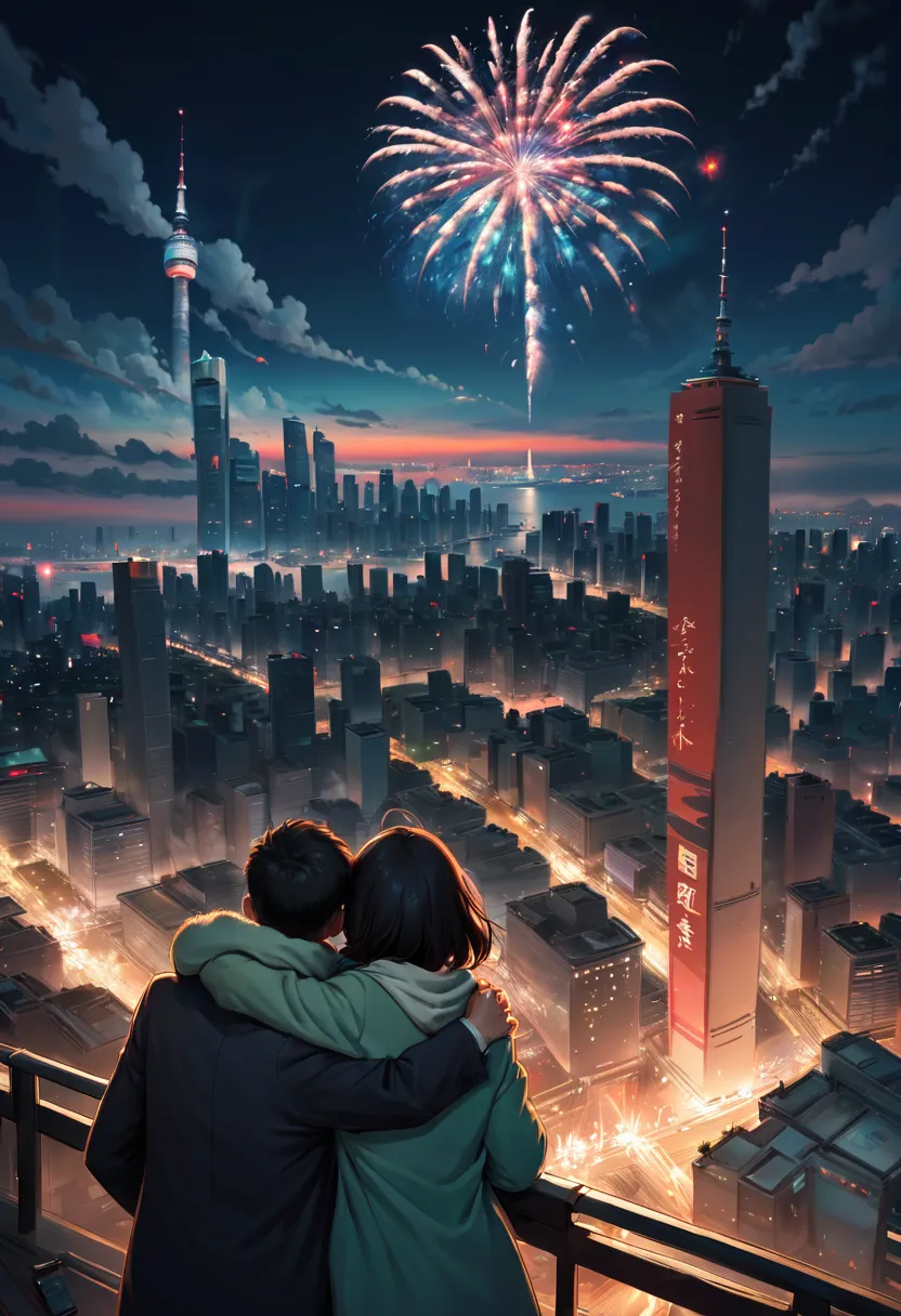at winter season，((1 couple，hugs，Watching the fireworks in the sky))，(new year)，(concert)，()，(crowd of), (skyscrapper，City night...