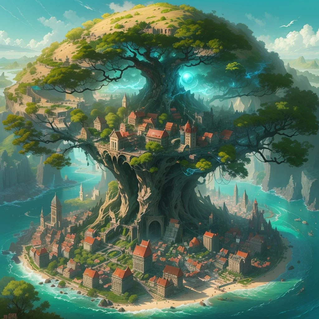 The farthest aerial view, an island in the sea, There is a huge spiritual tree on the island that is as huge as the world, This is the base of natural magicians, It is a fantasy-style magic city, The giant tree is surrounded by the buildings of the Magic Academy and the village。the Sun Shining，A continuous city-state