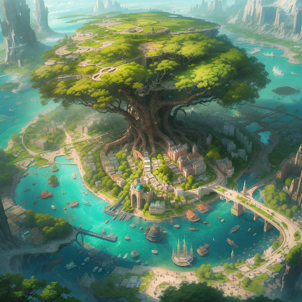 The farthest aerial view, an island in the sea, There is a huge spiritual tree on the island that is as huge as the world, This is the base of natural magicians, It is a fantasy-style magic city, The giant tree is surrounded by the buildings of the Magic Academy and the village。the Sun Shining，A continuous city-state